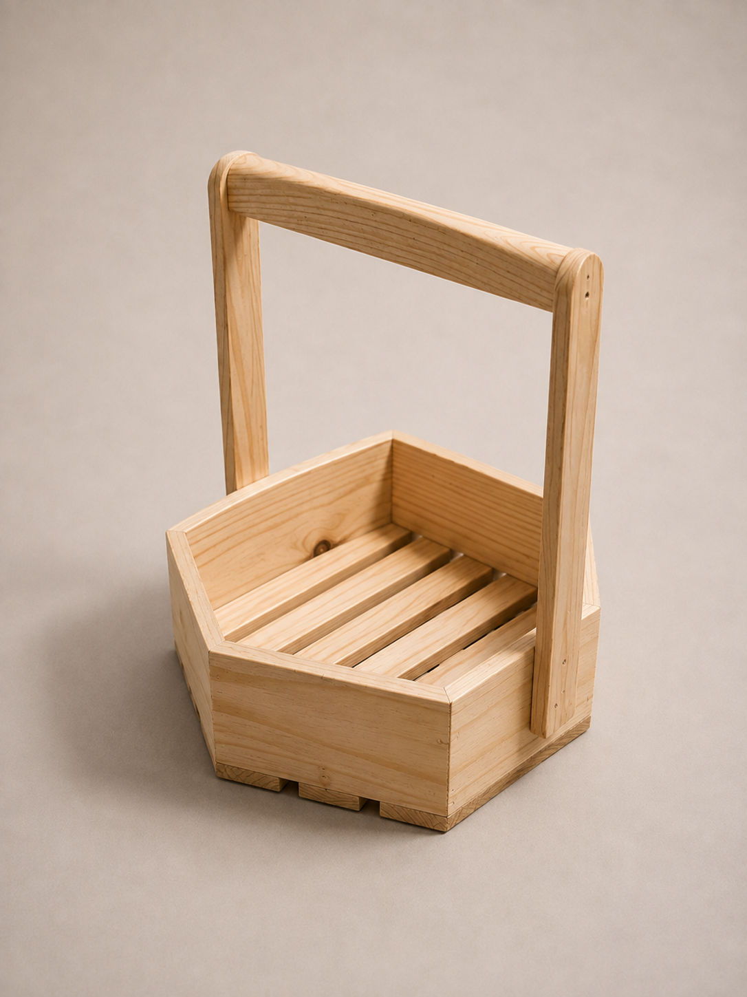 Handcrafted Hexa Wooden Basket with Tall Handle