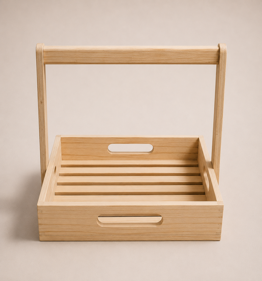 Wooden Rectangular Basket with Tall Handel